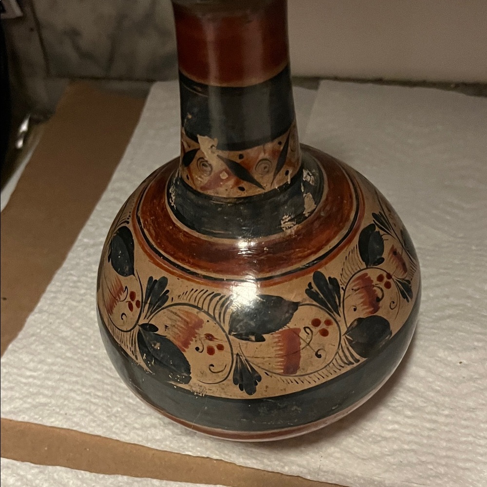 Hand-Painted Ceramic Vase with Floral Design Mexican Tonala